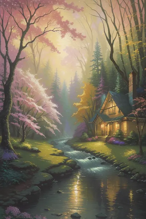 a painting of a house in the woods with a stream