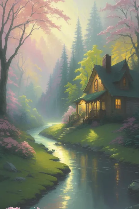 a painting of a house in the woods with a stream running through it