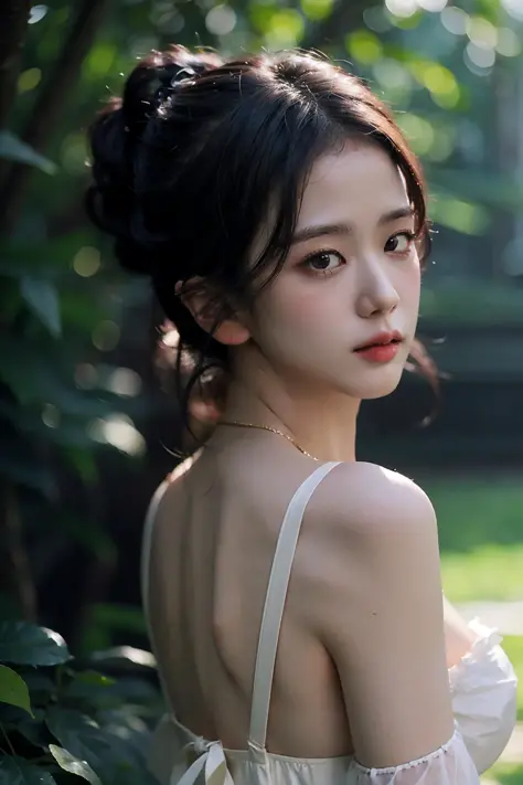 Best quality, masterpiece, ultra high res, (photorealistic:1.4), realistic, detailed skin, 1girl, updo, looking at viewer, white dress, forest background, blurry background