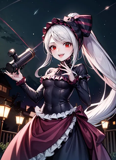 a woman in a dress holding a gun in front of a night sky