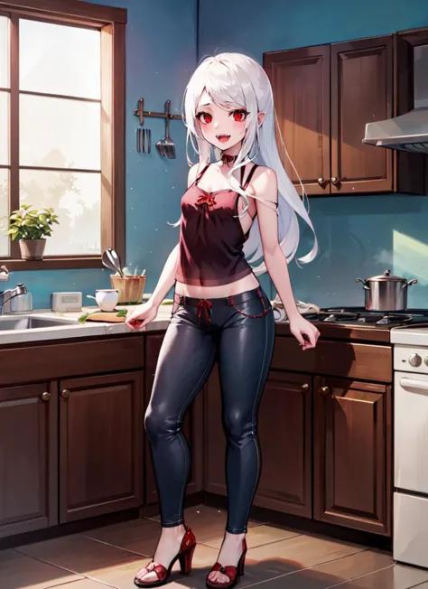 anime girl in kitchen with red shoes and black pants