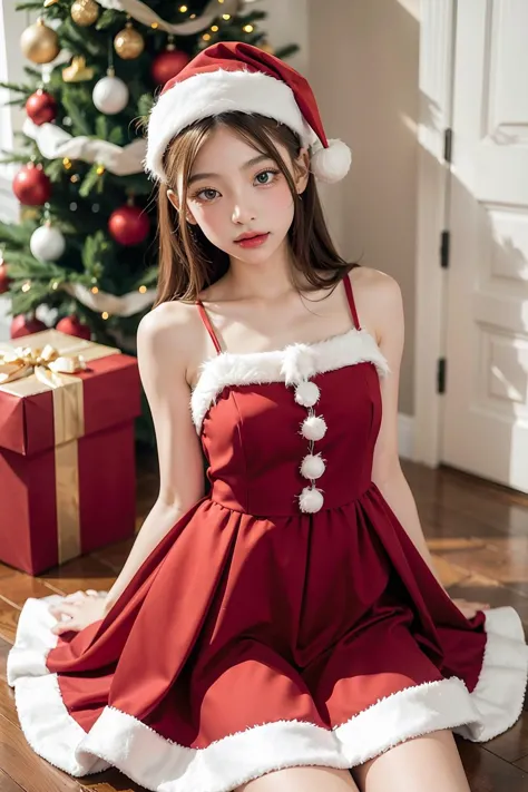 a woman in a santa claus costume sitting on the floor