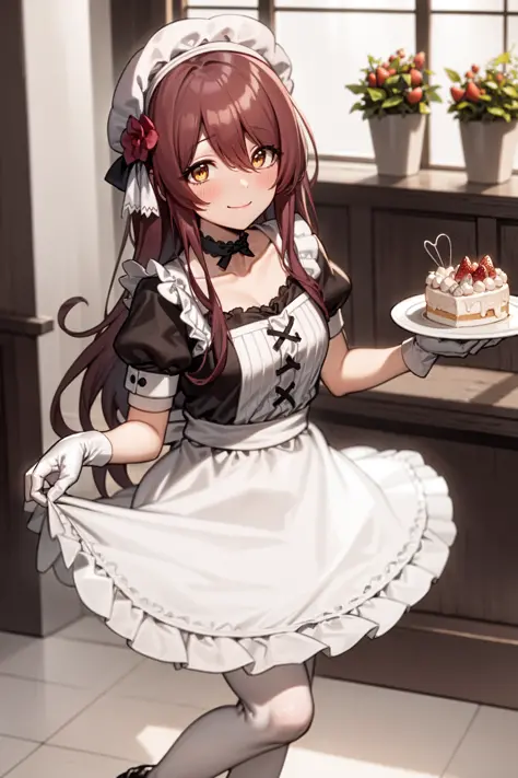 <lora:osaki tenka:1>, osaki tenka, medium breasts, 1girl, long hair, brown hair, yellow eyes, 1girl, dress, apron, food, frills, smile, gloves, short sleeves, strawberry, osaki amana, hair between eyes, looking at viewer, holding, hair ornament, skirt hold, frilled dress, bangs, fruit, bow, white gloves, striped, puffy sleeves, whisk, frilled apron, white apron, puffy short sleeves, hat, maid, closed mouth, maid headdress, sparkle, collarbone, balloon, flower, mob cap, shoes, blush, white headwear, brown hair, hair flower, candy, cake, black footwear, maid apron