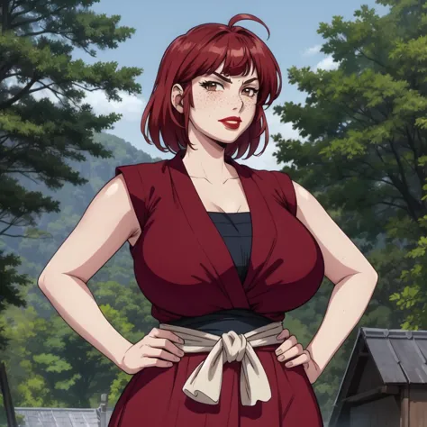 masterpiece, detailed, beautiful, 1girl, mature female, milf, (looking at viewer:1.2), blushing, black eyeliner, profile view, facing viewer,  full body, closed mouth, smirking, standing, hands on hips, outside in a forest, (red hair:1.2), bob cut, long bangs, (freckles:1.2), brown eyes, chubby, pale skin, wide waist, voluptuous hips, thick thighs, full lips, (Dark Red lipstick:1.2), massive saggy breasts, massive round ass, giant areolae, black and red sleeveless robes, skirt, black sarashi, black fundoshi. <lora:Manyuu:1>