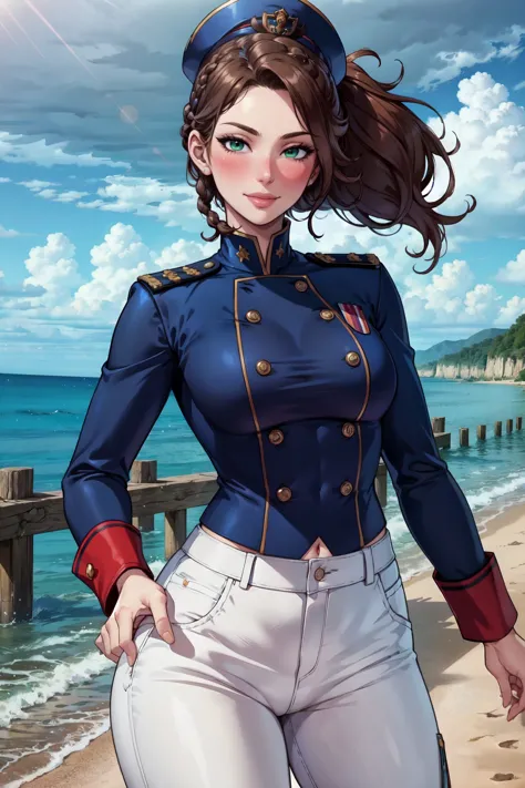 a woman in a uniform standing on a beach next to the ocean