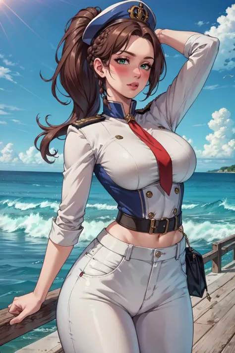 a woman in a sailor outfit standing on a pier next to the ocean