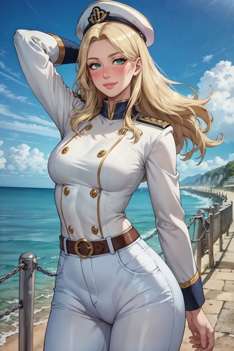 a woman in a sailor outfit standing on a pier next to the ocean