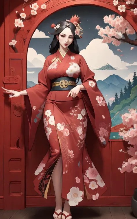 a woman in a red kimono is standing in front of a red door