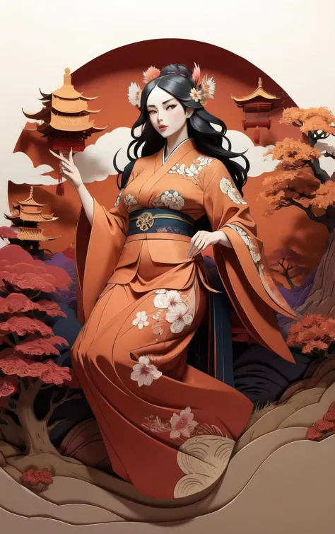 (masterpiece, best quality:1.4), insaneres, absurdres, solo, looking at viewer,BREAK 
LoConARTSTYLE_Paper_Kirigami_ownwaifu, art_nouveau, kirigami, fine art, 
1girl, solo, flower, tree, long hair, black hair, hair ornament, dress, cherry blossoms,  long sleeves, japanese clothes, chinese clothes, full body, wide sleeves, (moon), cloud, waterfall, east asian architecture, 
<lora:LoConARTSTYLE_Paper_Kirigami_ownwaifu:0.95> 
,