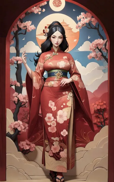 a woman in a kimono is standing in front of a painting