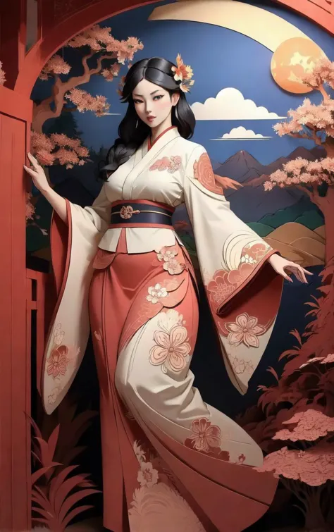 (masterpiece, best quality:1.4), insaneres, absurdres, solo, looking at viewer,BREAK 
LoConARTSTYLE_Paper_Kirigami_ownwaifu, art_nouveau, kirigami, fine art, 
1girl, solo, flower, tree, long hair, black hair, hair ornament, dress, cherry blossoms,  long sleeves, japanese clothes, chinese clothes, full body, wide sleeves, (moon), cloud, waterfall, east asian architecture, 
<lora:LoConARTSTYLE_Paper_Kirigami_ownwaifu:0.85> 
,