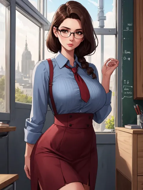 a woman in a skirt and glasses standing in front of a window