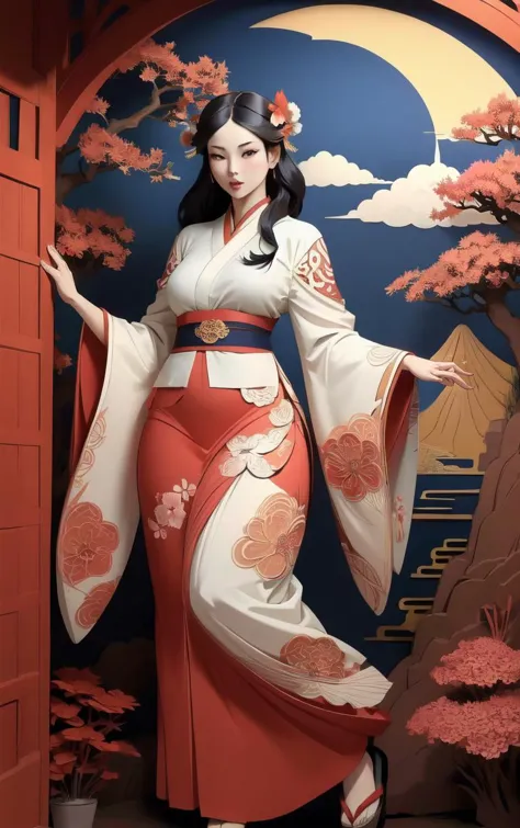 a close up of a woman in a kimono standing in front of a door