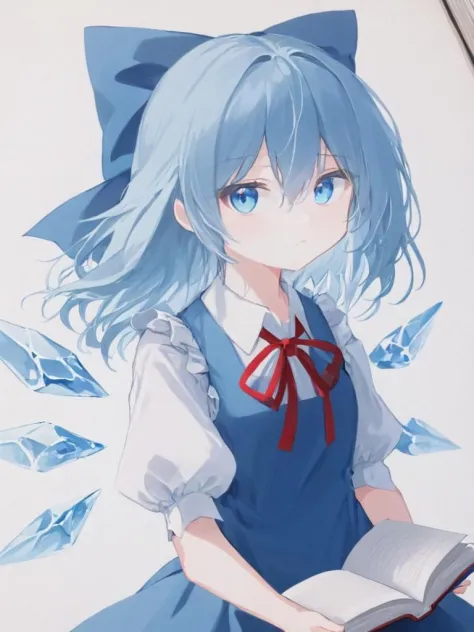 1girl, cirno, solo, blue_eyes, blue_hair, bow, book, alternate_hair_length, alternate_hairstyle, long_hair, blue_bow, short_sleeves, hair_bow, wings, upper_body, hair_between_eyes, holding_book, shirt, blue_dress, holding, red_ribbon, dress, looking_at_viewer, puffy_sleeves, ice_wings, white_shirt, puffy_short_sleeves, neck_ribbon, ice, ribbon, bangs, signature, closed_mouth, open_book, collared_shirt, white_background