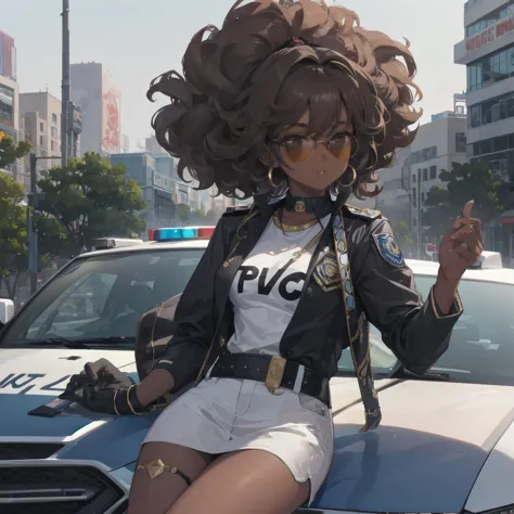 full luscious lips, girl with dark skin and light brown afro, with sunglasses obscuring eyes, wearing a police jacket with no sleeves , sitting on top of police car