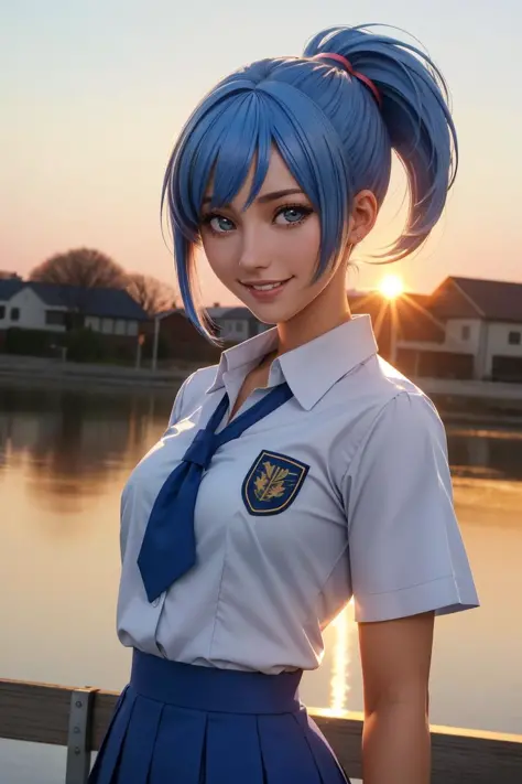 professional photo of senounatsuru, short_hair, blue hair, pony tail, happy, smile, seitetsu_academy_school_uniform, looking_at_viewer, sunset, sky
detailed skin, detailed eyes, detailed face, detailed hair,
volumetric light, highrez, masterpiece, best quality,
