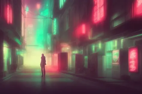 fond d&#39;anime,Rue punk de la ville des années 90 ,foggy futuristic Cinématique lighting,  semi réaliste, Éclairage annulaire , éclairage de jante, Cinématique, coloration gothique ,BgAniCrépuscule