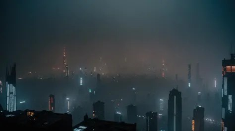 a view of a city at night with a foggy sky