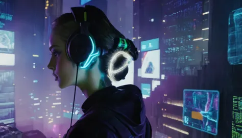 a woman wearing headphones looking at a screen with neon lights