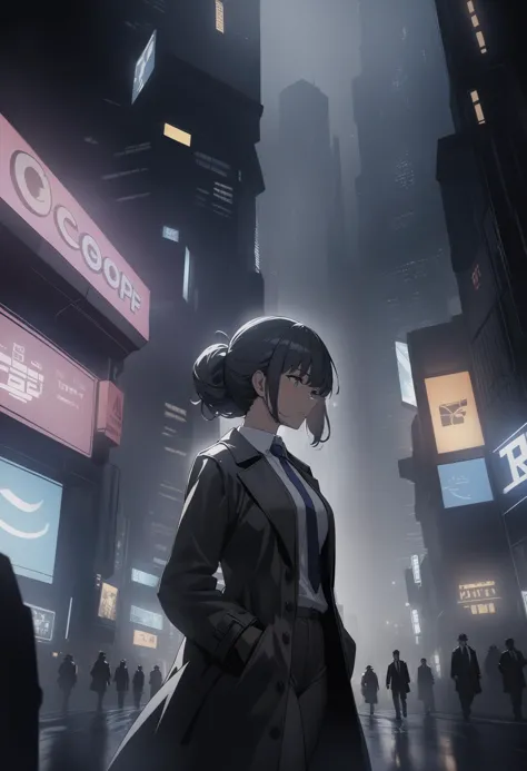 a woman in a trench coat standing in a city at night