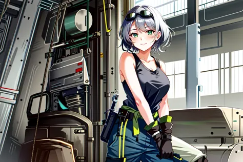 1girl, solo, cowboy shot, grey hair, short hair, single braid, side braid, green eyes, grey shirt, (sleeveless shirt:1.2), sleeveless, collarbone, dirty, dirty clothes, gloves, engineer gloves, oversized gloves, wrench, clothes around waist, baggy pants, pants tucked in, boots, belt boots, eyewear on head, goggles, dirty face, (hangar:1.4), rigging, exoskeleton, drone, sweat, sweatdrop, smile, ground vehicle, mecha, chest strap, shoulder strap, ((masterpiece)), ((best quality)), ((ultra-detailed)),  (intricate detail), (illustration), (Highest Quality, Amazing Details:1.4)