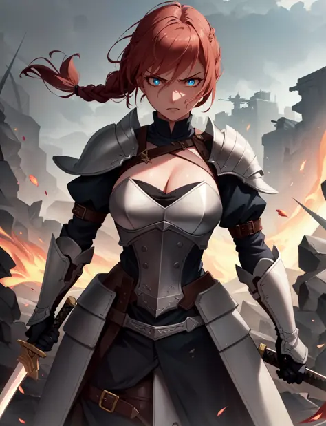 (masterpiece:1.4), (1girl:1.2), best quality, detailed, 8k, (holding sword in left hand:1.2), sword hilt, absurdres, fantasy, photograph of A young woman, red hair, badass, full plate armor, warrior, facing group of knights, fighting stance, charging, (mad eyes:1.3), piercing eyes, (evil:1.1), (angry:1.0), expressive, war torn surroundings, carnage, scenery, (battlefield:1.2), in the style of studio ghibli, anime, cinematic gaze, dynamic pose, crisp and sharp, yoshinari yoh, rounded eyes, hair braids, cel shaded, dramatic lighting, fantasy, intricate, elegant, highly detailed, lifelike, photorealistic, digital painting, hdr, high resolution, artstation, smooth, sharp focus, cleavage