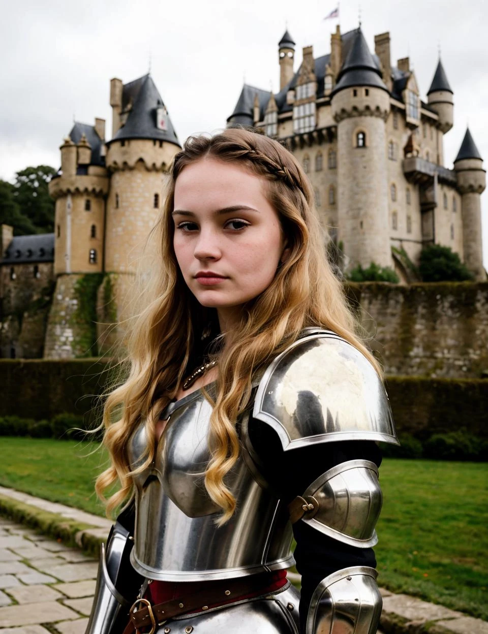 Photography portrait of 21yo girl wearing an armor in the medieval times, long blond hair, castle in the background, gloomy, beautiful, pretty, high quality, lifelike skin texture, photorealistic, very detailed  
