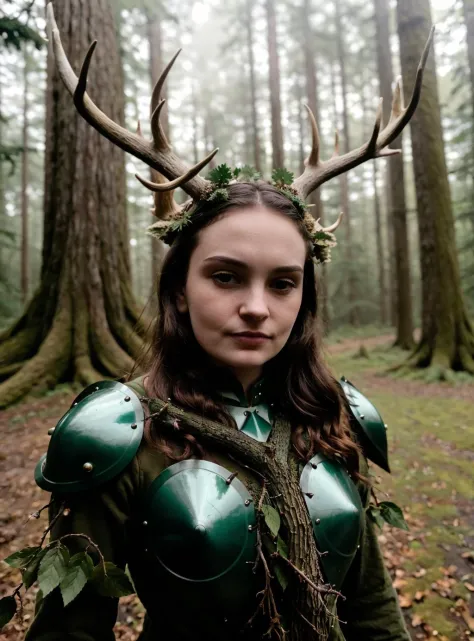Photography, medium [close up] shot of a 23yo dryad monster girl, (armor made of branches and antlers), dark green skin, standin...