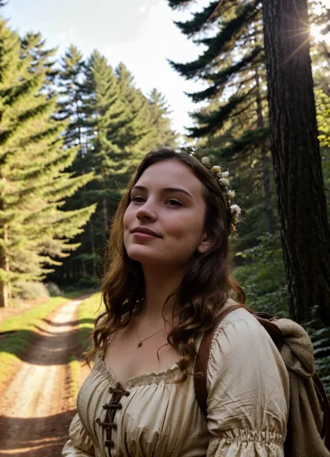 still from a movie, 22yo woman in a forest, looking up at the sky, medieval peasant clothes, smile, lifelike skin texture, dirt,...