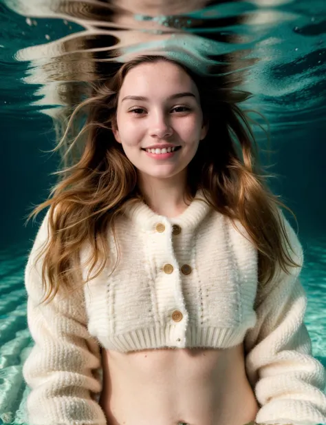 Underwater photography of a 24yo woman wearing a fur sweater underwater, beautiful, smile, joyful, detailed skin, skin pores, ph...