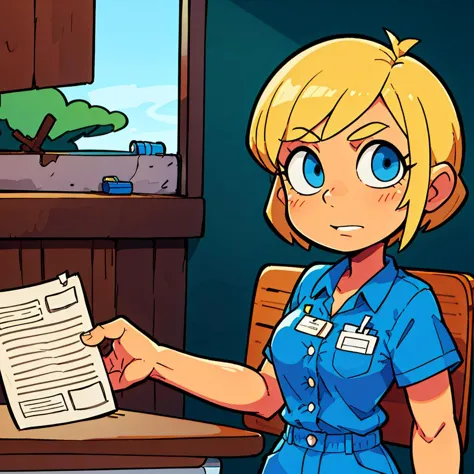 cartoon of a woman in a blue uniform holding a paper