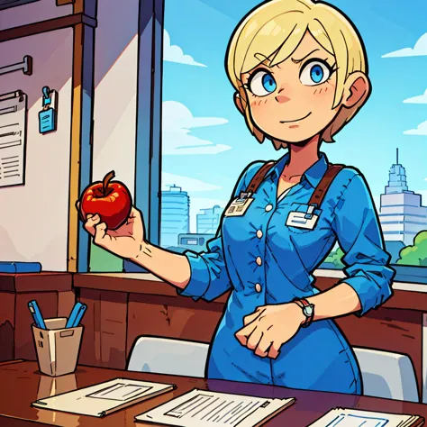 woman, blue blouse with pocket, buttons, id card badge, short blonde hair, blue eyes, sitting, holding red apple, wooden desk, h...
