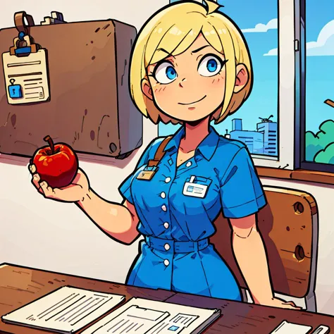 cartoon of a woman in a blue uniform holding an apple