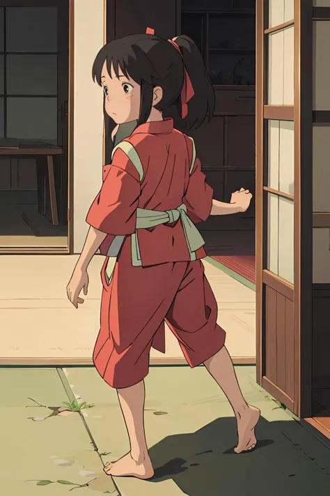 a woman in a red kimono walking towards a doorway