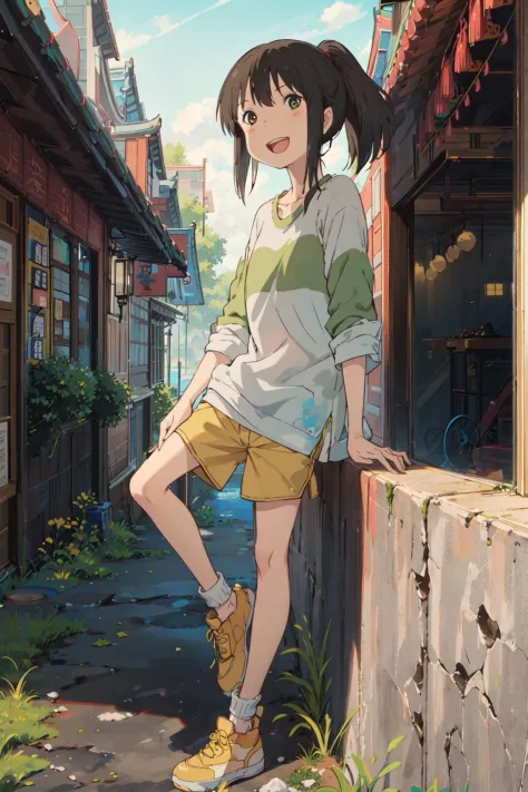 (masterpiece:1.4), (best qualit:1.4), (high resolution:1.4), ogino chihiro, ponytail, long arm shirt, shorts, yellow shoes, outd...