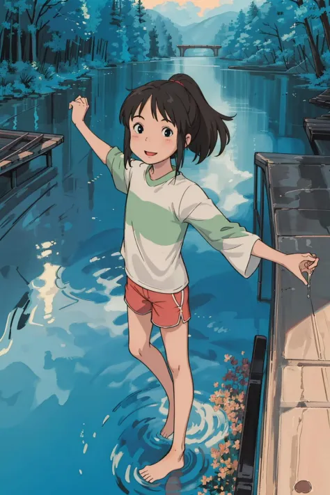 (masterpiece:1.4), (best qualit:1.4), (high resolution:1.4), ogino chihiro, smile, ponytail, long arm shirt, red shorts, barefoo...