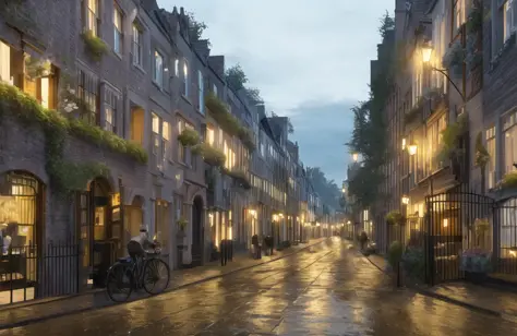 Masterpiece, best quality, realistic, night backlighting, forest, cobblestone victorian city street, in the style of (Style-Empire:1.3), dark, shadow, grim