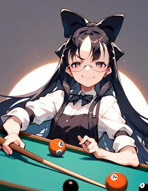 score_9, score_8_up, score_7_up,  score_6_up, a girl is playing billiards, smug, glasses, very long hair, hair bow, 
<lora:susuk...