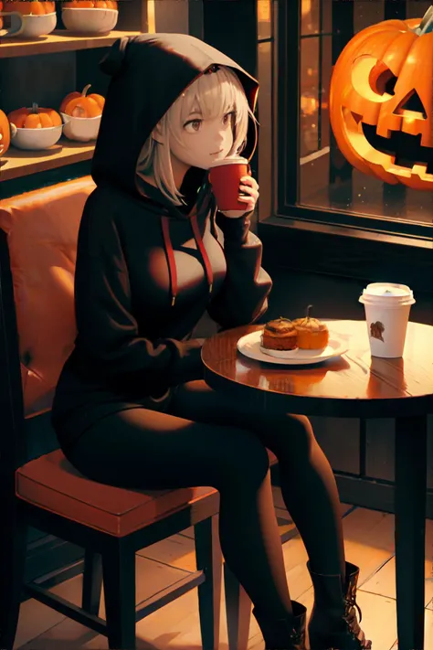 woman wearing oversized hooded sweater, black leggings, combat boots, carved jack-o-lantern pumpkin, local coffee shop, quiet co...