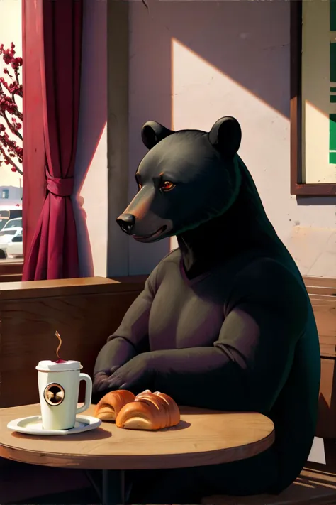 sleepy black bear, local coffee shop, quiet corner table, pastries on plate, gentle murmur of jazz music, plum, cranberry red, s...