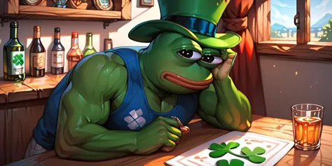 score_9, score_8_up, score_7_up, score_6_up, score_5_up, score_4_up score_9, score_8_up, score_7_up, score_6_up, score_5_up, score_4_up, pepe the frog getting drunk on St. Patrick's day in an Irish pub, <lora:ponydiffusionv6_pepethefrog:1>, <lora:SDXLFaeTastic2400:0.4>, <lora:xl_more_art-full_v1:0.4>