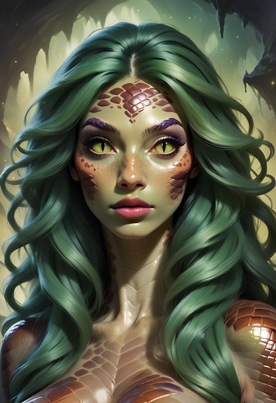 score_9, score_8_up, score_7_up, score_6_up, score_5_up, score_4_up, 1girl, naga woman, snake woman, green hair, slit pupils,  beautiful eyes, dungeons and dragons, portrait, up close, freckles, long hair, realistic, high quality, detailed, fantasy dark cave background