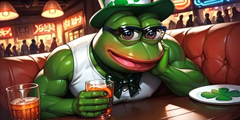 cartoon frog sitting at a table with a plate of food and drink