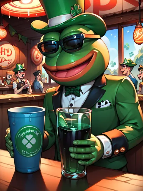 cartoon frog in a green suit and hat holding a glass of beer