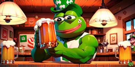 score_9, score_8_up, score_7_up, score_6_up, score_5_up, score_4_up (zPDXL), solo focus, happy pepe the frog, drinking beer, St. Patrick's day, inside an Irish pub, <lora:ponydiffusionv6_pepethefrog:1>