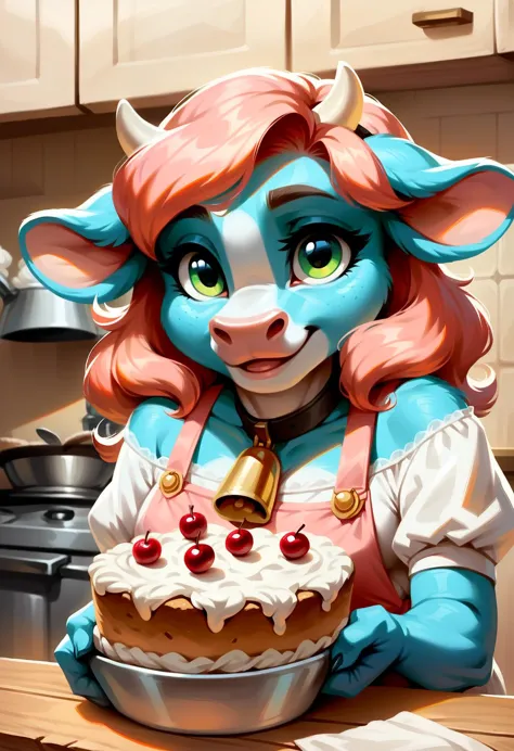 score_9, score_8_up, score_7_up, score_6_up, score_5_up, score_4_up, a portrait of a cute cow woman, anthro cow, furry, baking a cherry cake, illustration, high quality, extremely detailed, source_furry rating_safe