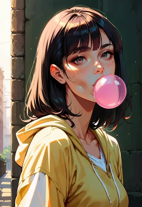 score_9, score_8_up, score_7_up, score_6_up, score_5_up, score_4_up, 1girl, anime style, wearing a sweatshirt,  bubble blowing, bubblegum