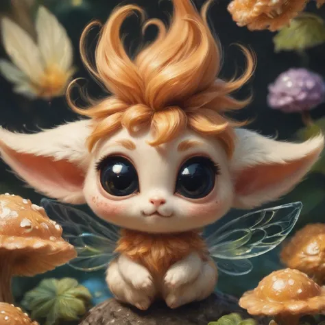 score_9, score_8_up, score_7_up, score_6_up, score_5_up, score_4_up,UHD, adorable, chibi, fluffy, tiny, creature, tiny wings, sitting on mushroom, solo, looking_at_viewer, big eyes, freckles, black_eyes, no_humans, animal, fairy light, animal_focus