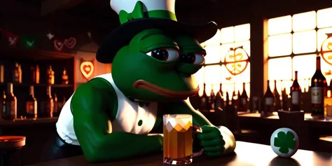 there is a green frog sitting at a bar with a glass of beer