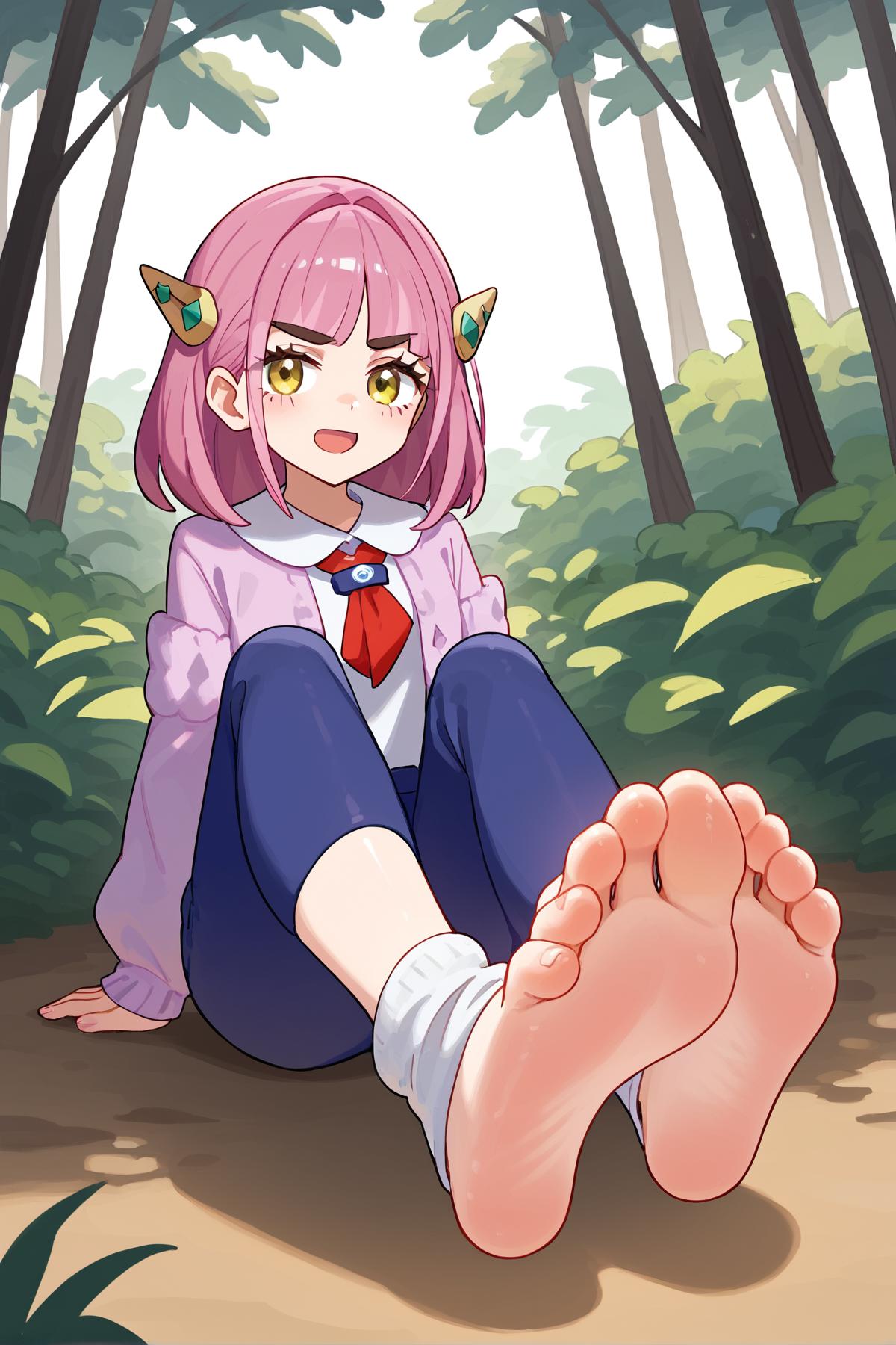 Anime girl sitting on ground with her feet crossed and her head tilted -  SeaArt AI